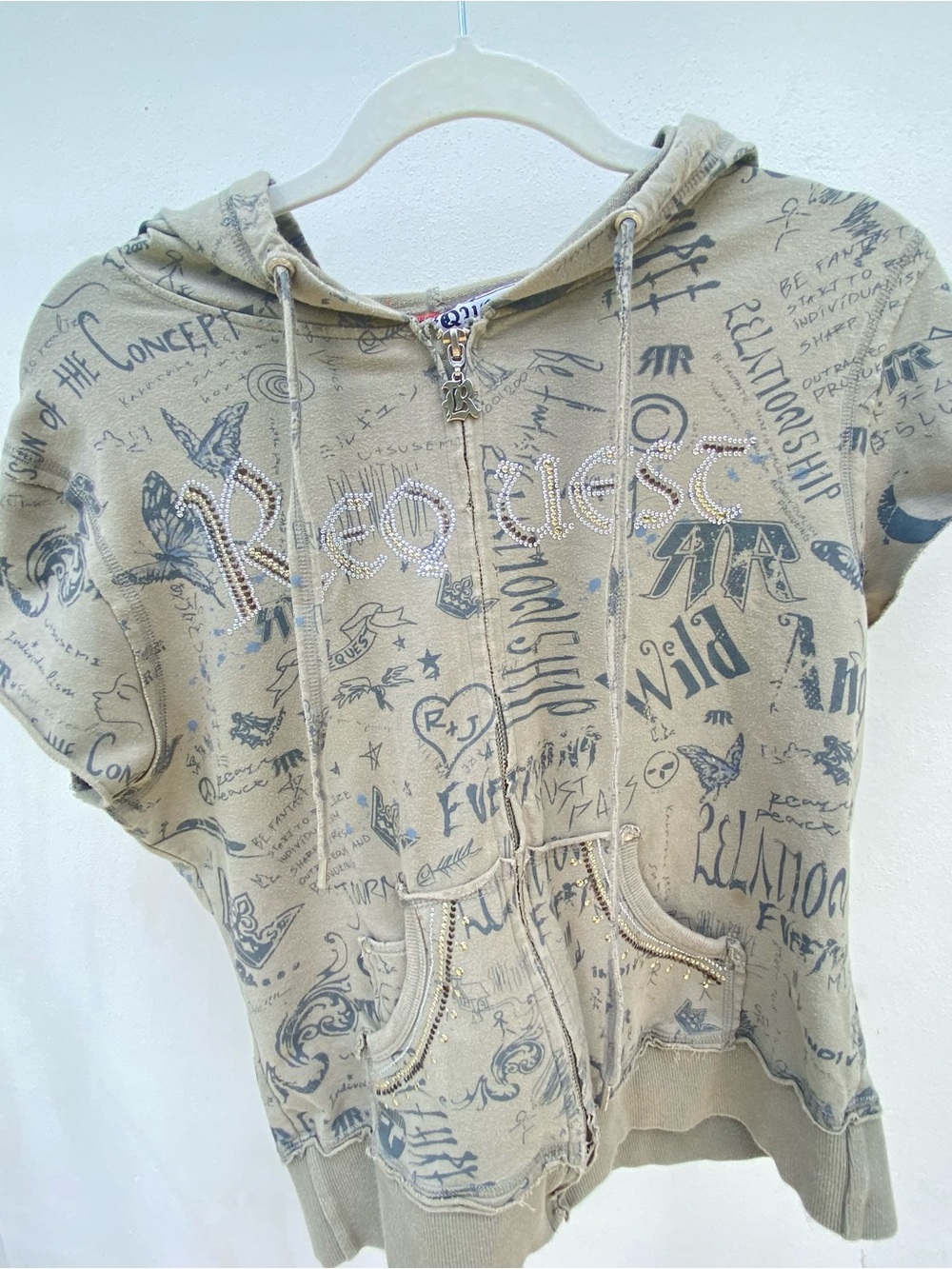 Y2K Request Jeans Green Scribble Graphic Print Zip Up Hoodie Size XL